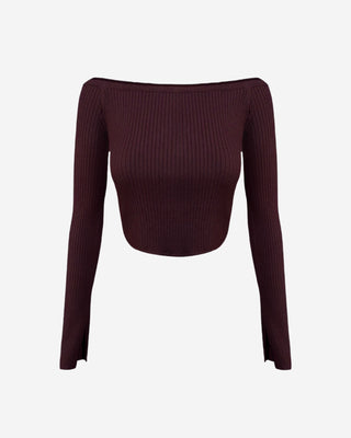 Maroon ribbed flare sleeve crop top