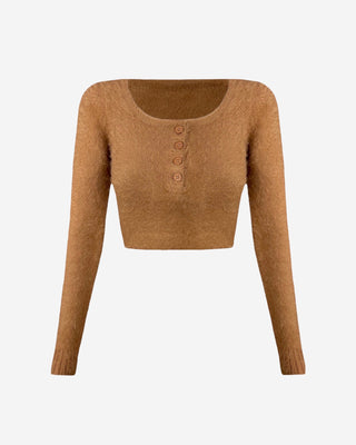 Brown fuzzy crop top with buttons