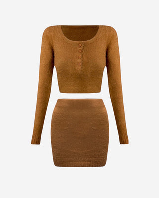 Brown fuzzy crop top high waist mini skirt set