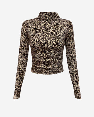 Leopard skin full length ruched mock neck top